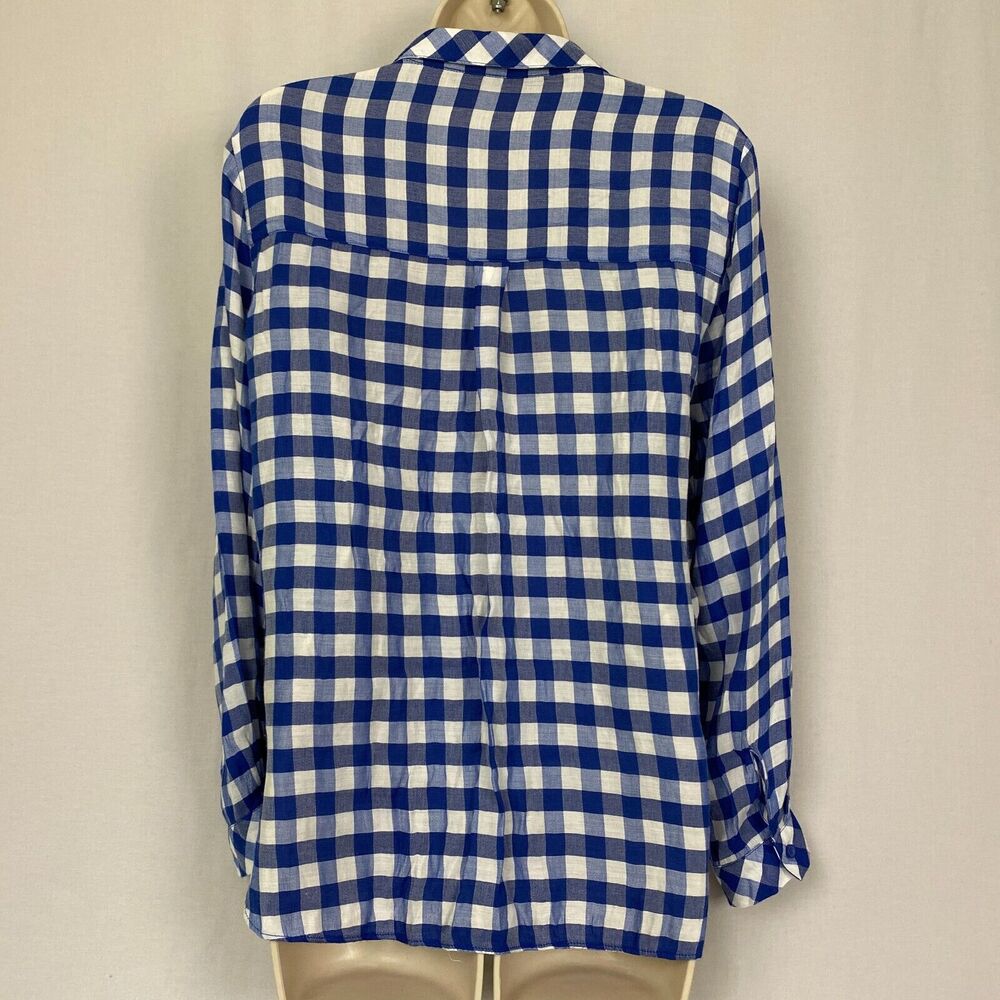 Zara‎ Basic Top Medium Womens Buffalo Plaid Button Up Pocket Silky Blue White - Picture 5 of 13